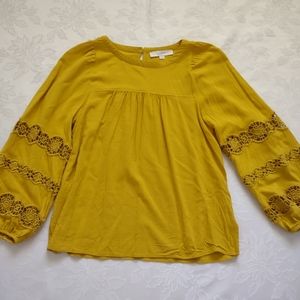 Embroidered eyelet balloon long sleeve boxy blouse mustard popover